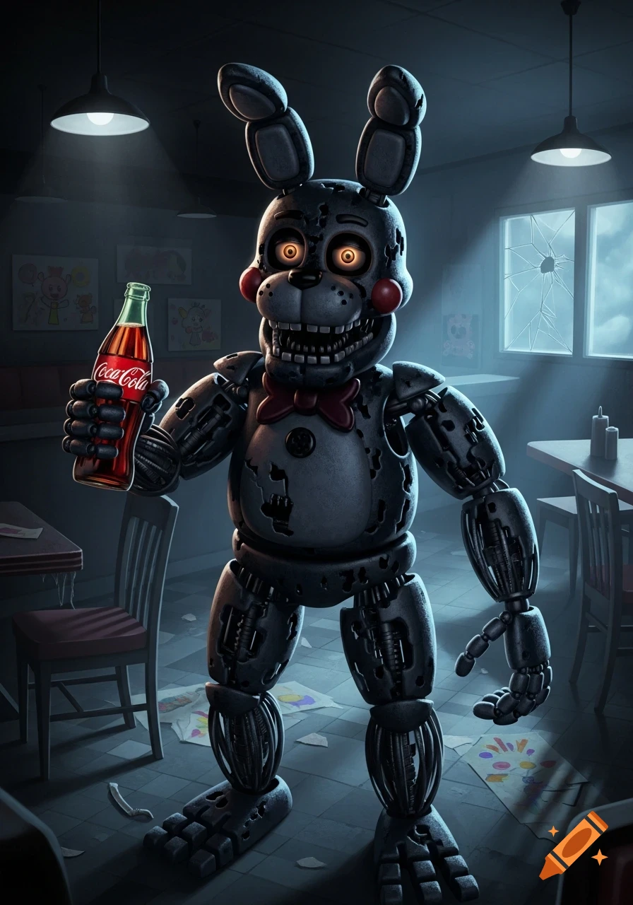 A dark, detailed image of Bonnie the animatronic from Five Nights at Freddy's holding a Coca-Cola bottle in a dilapidated diner.