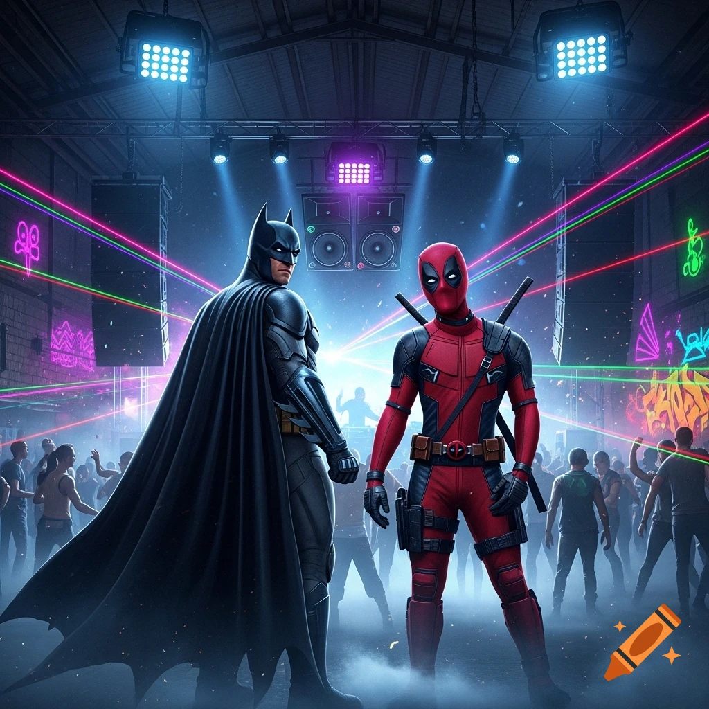 Batman and Deadpool stand front and center at a vibrant rave with glowing lasers, surrounded by a dancing crowd.