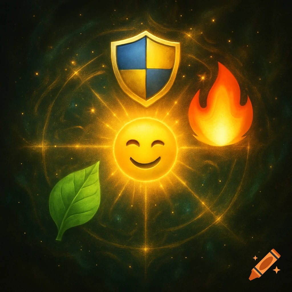 Glowing sun emoji surrounded by a leaf, fire icon, and shield, set against a dark, starry, cosmic background with golden energy lines.