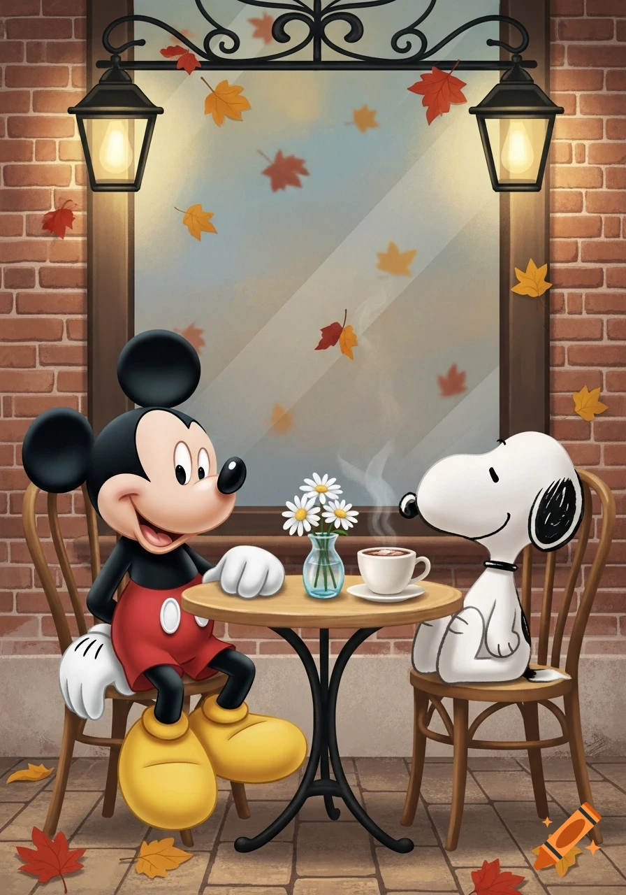 Mickey Mouse and Snoopy sit at an outdoor cafe table with fall leaves, enjoying coffee.
