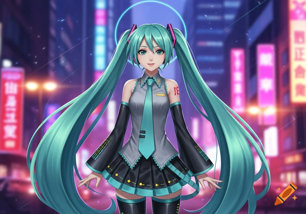 A detailed anime illustration of Hatsune Miku with teal pigtails in a futuristic city at night, with neon lights and a glowing halo.