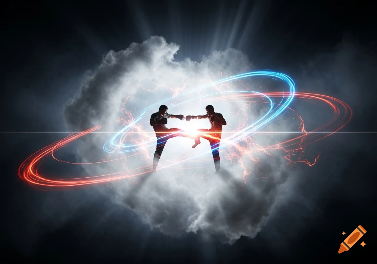 Two silhouetted fighters kickboxing in mid-air against a stormy cloud, surrounded by glowing red and blue energy rings.