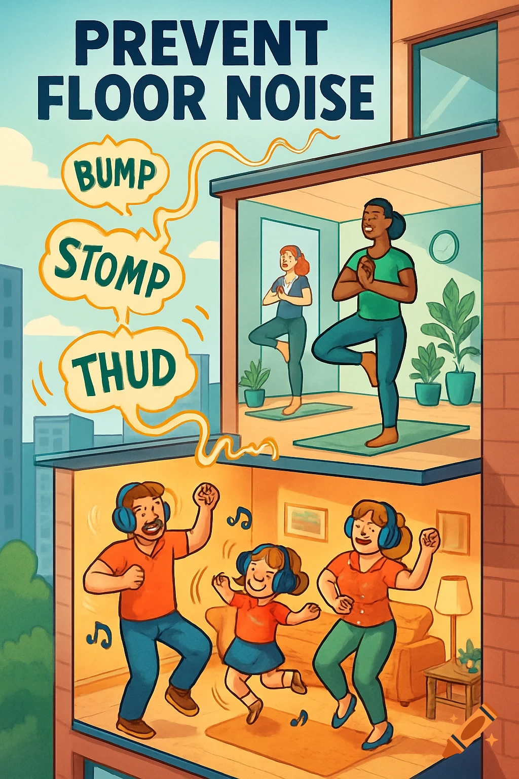 Cartoon of a family dancing loudly in an apartment below two women attempting yoga upstairs. Text says "PREVENT FLOOR NOISE".