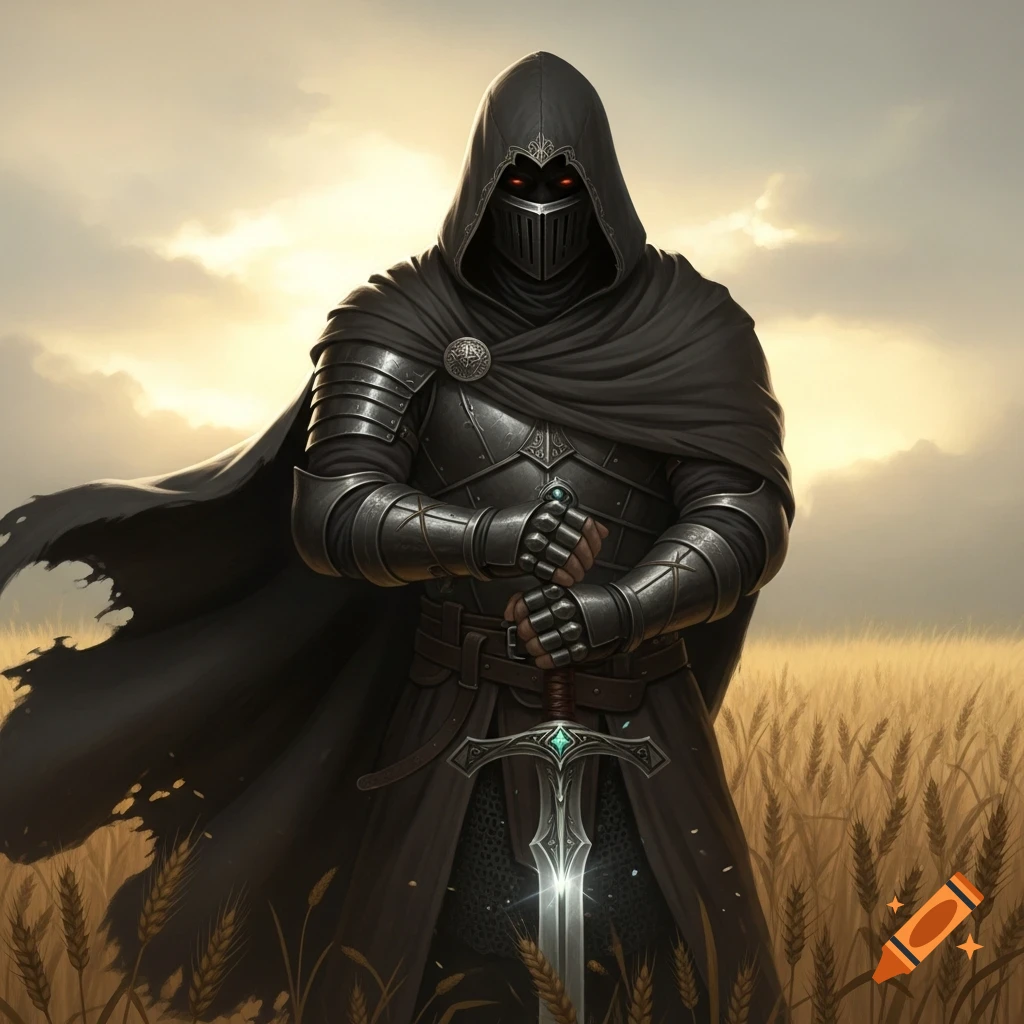 A hooded knight in black armor with glowing red eyes stands in a golden wheat field, holding a gleaming sword with a green gem.