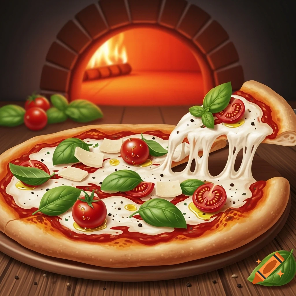 Vibrant illustration of a cheese pizza with basil and tomatoes, a slice lifted, with a glowing brick oven in the background.