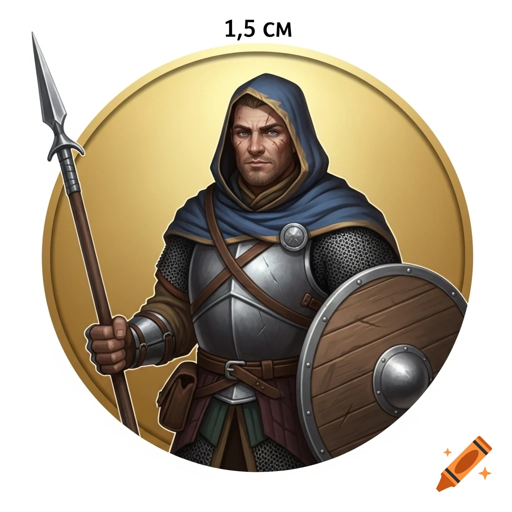 Fantasy D&D token of a rugged male warrior in a blue hooded cloak, chainmail, and plate armor, holding a spear and a wooden shield.