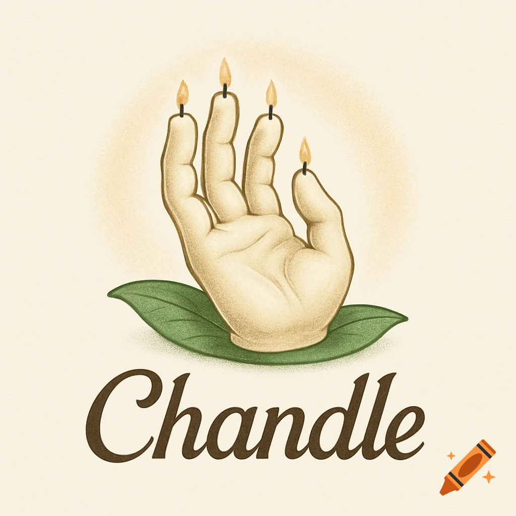 A stylized logo featuring a hand with lit candles on each finger, resting on a green leaf, with the word Chandle below.