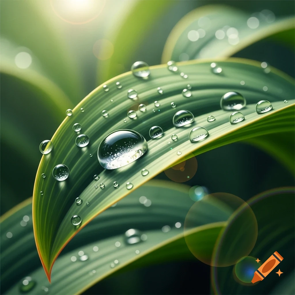 Close-up of a vibrant green leaf covered in numerous clear water droplets, with soft sunlight and bokeh in the background.