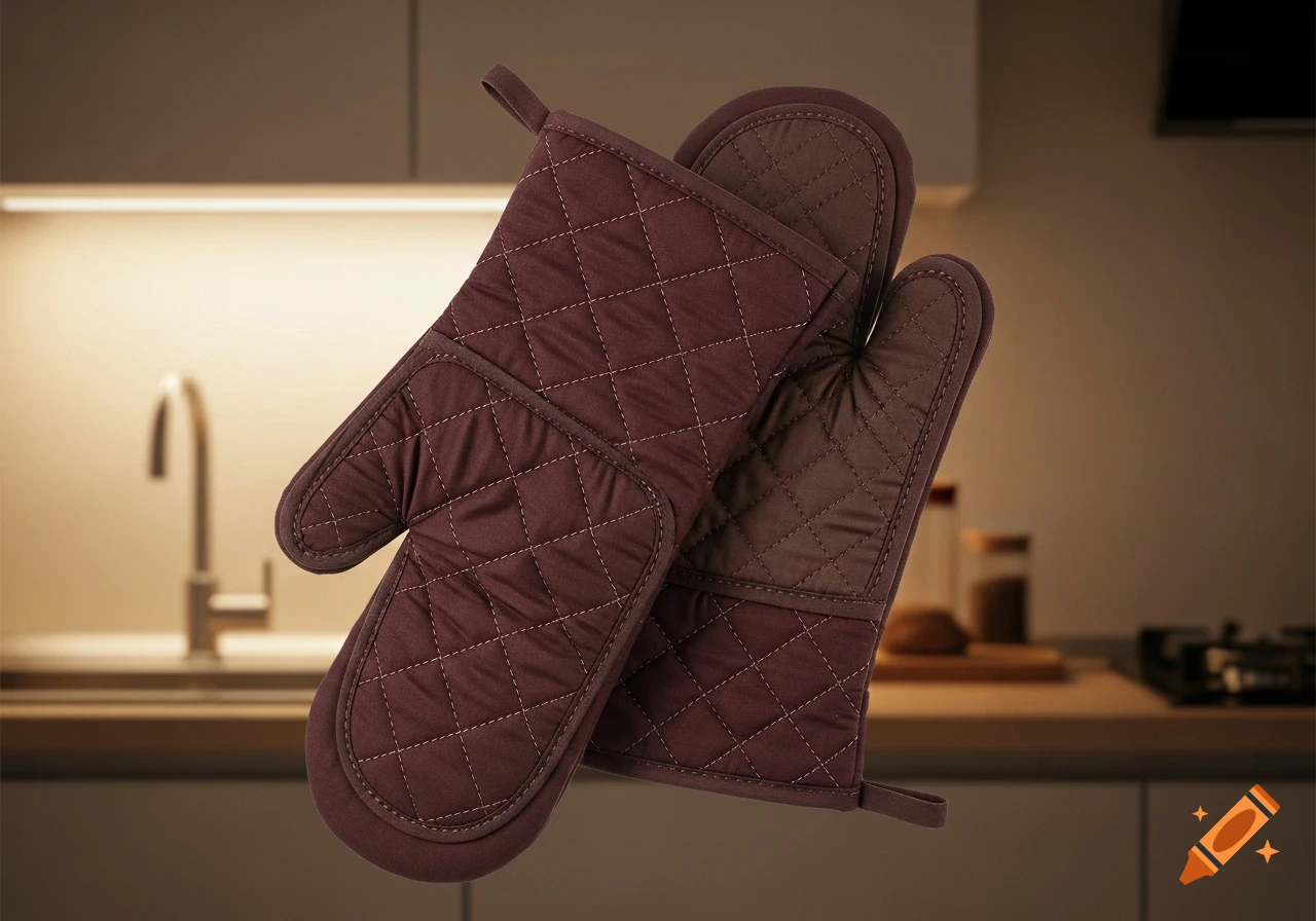 Two brown quilted oven mitts float in front of a blurred modern kitchen background with warm lighting.