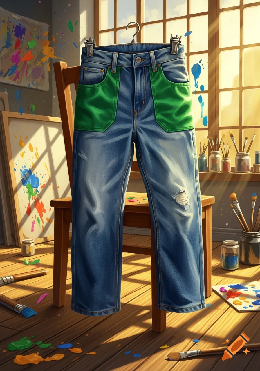 Blue jeans with green pockets hang in a sunlit art studio, surrounded by paint splatters and art supplies.