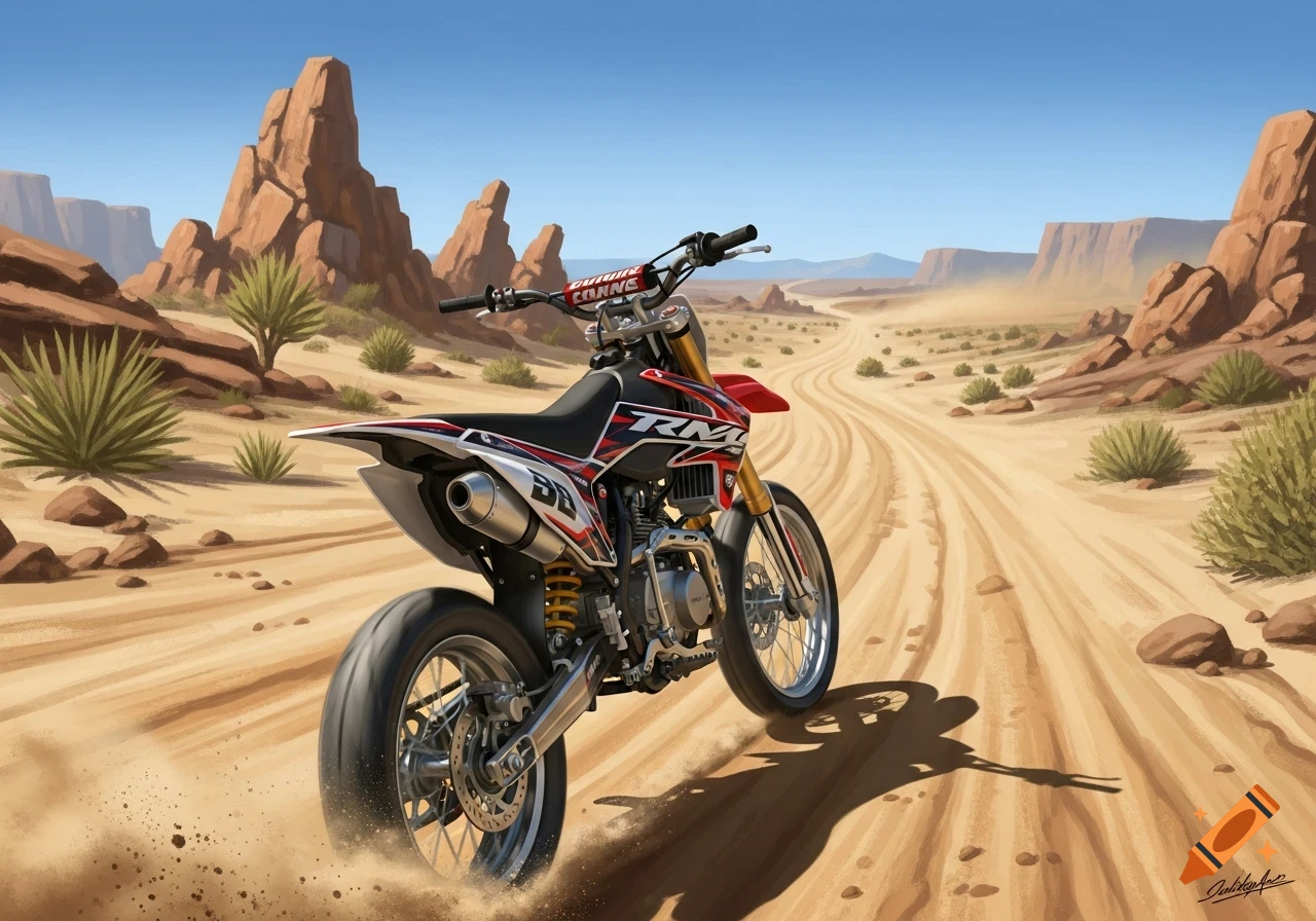 An illustrated red and black motocross bike on a dirt path in a desert with rock formations.
