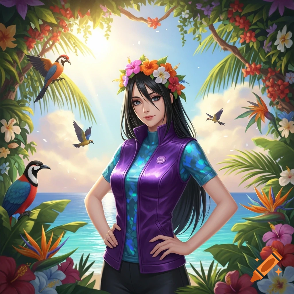 Anime woman with a flower crown, purple vest, and blue top, standing on a tropical beach surrounded by lush foliage, colorful birds, and the ocean.