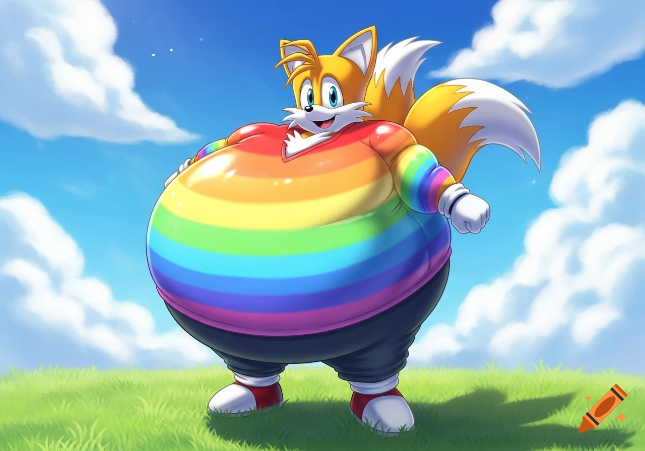 A heavily inflated cartoon fox character, resembling Tails from Sonic ...