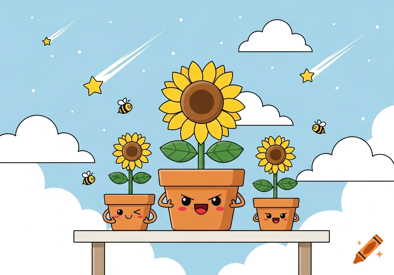 A whimsical cartoon shows three potted sunflowers with cute faces on a table, with bees, shooting stars, and clouds in a blue sky.