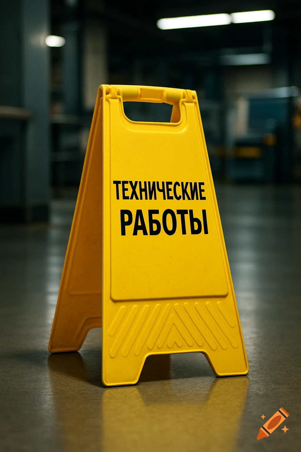 A yellow A-frame caution sign with black Russian text 'TECHNICAL WORK' on a dark, reflective floor in an indoor setting.