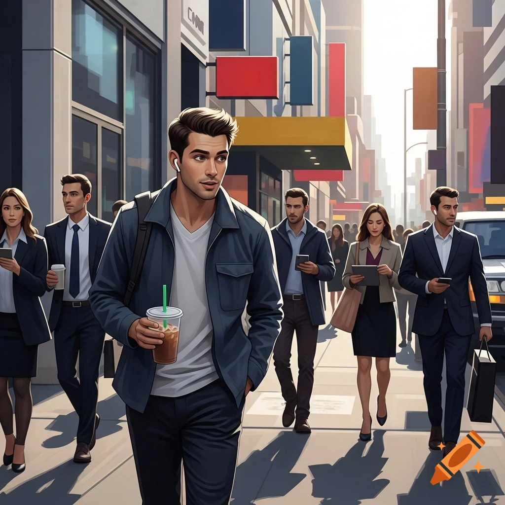 An animated illustration of people walking on a city street, with a man holding an iced coffee in the foreground.