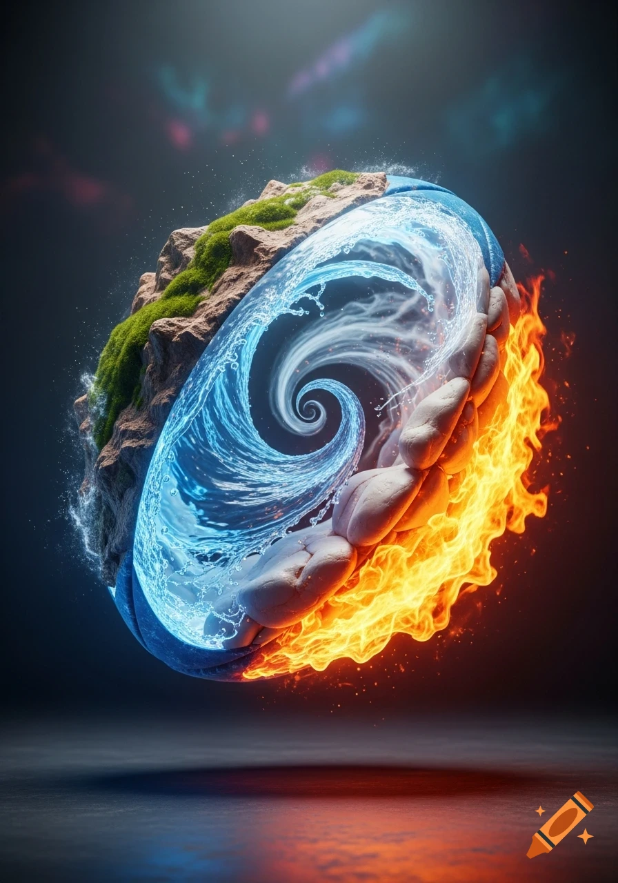 A dynamic rugby ball composed of earth, swirling water, and glowing fire, against a dark background.