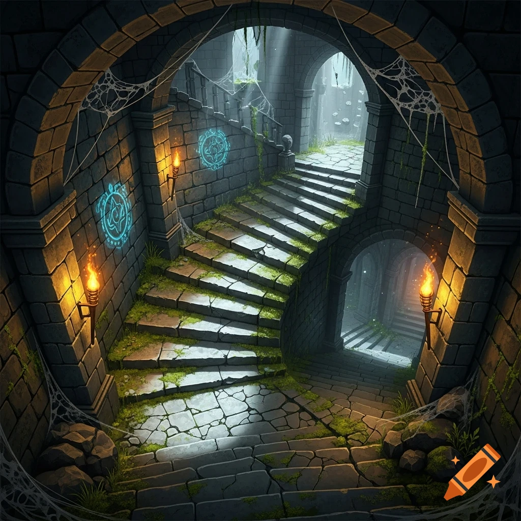 Stone stairs lead down into a dark, abandoned fantasy dungeon with glowing runes, moss, and cobwebs.