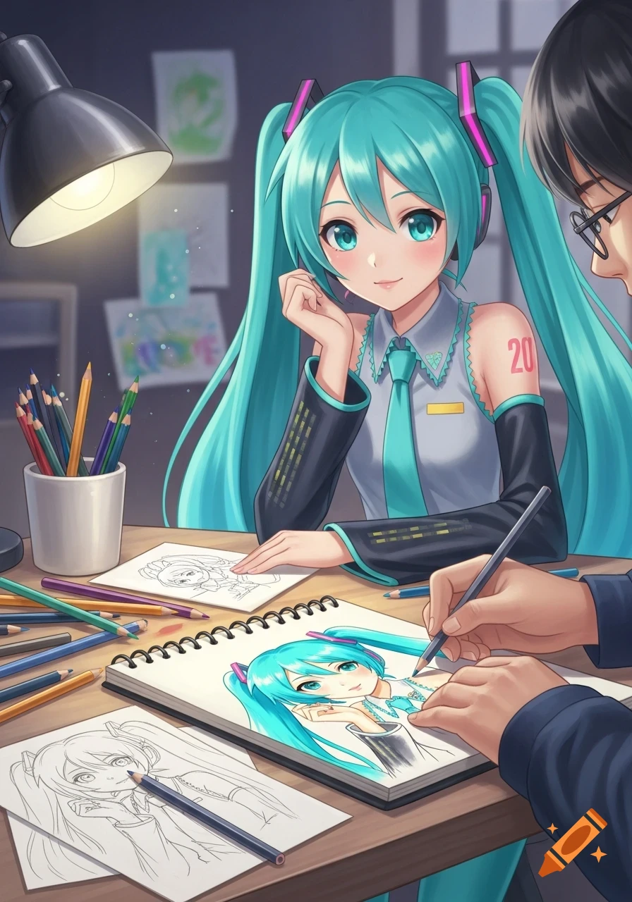 Hatsune Miku watches an artist draw her portrait with colored pencils at a wooden desk, surrounded by sketches.