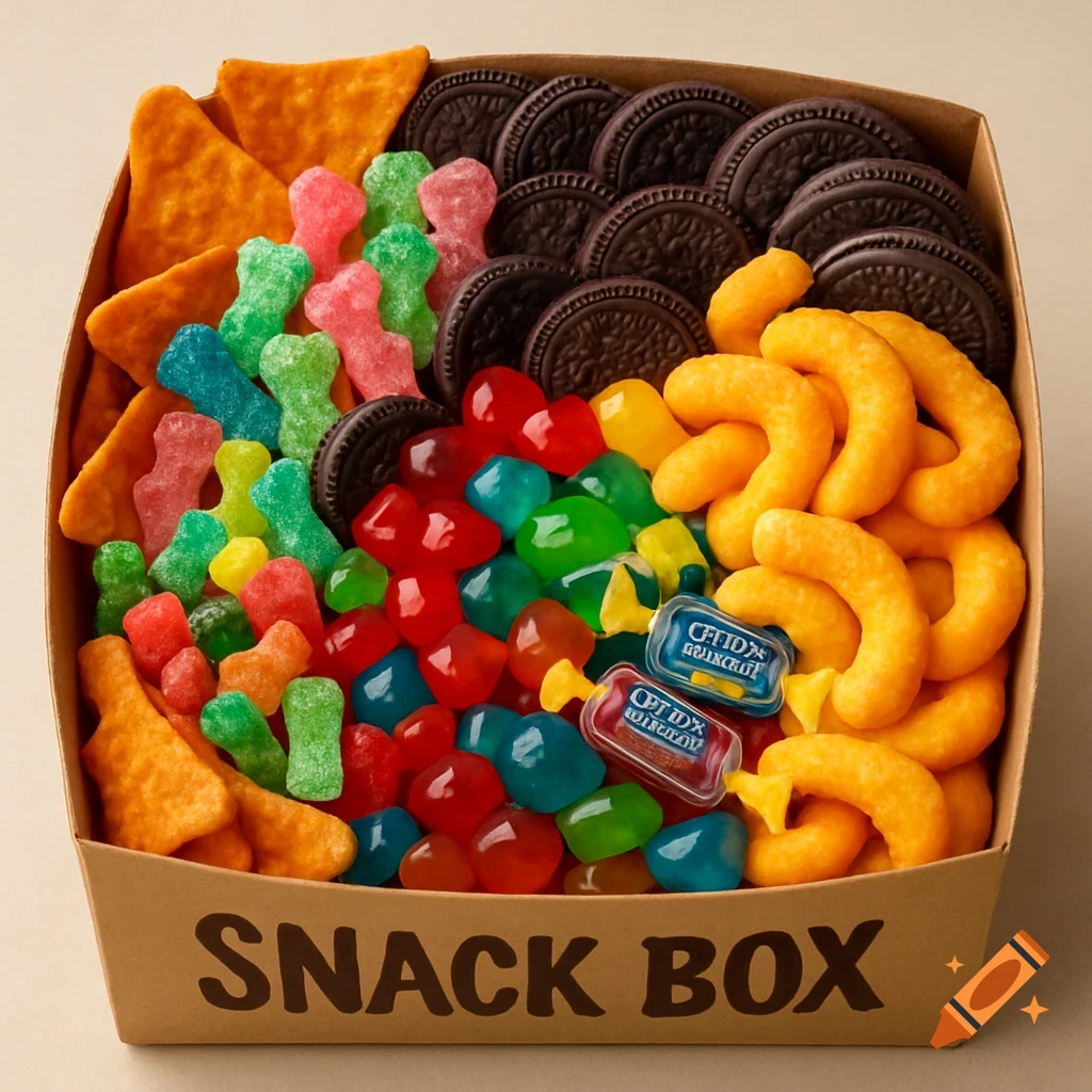 A cardboard snack box filled with various candies and chips including Doritos, Sour Patch Kids-like gummies, Oreos, gushers, and Cheetos puffs.