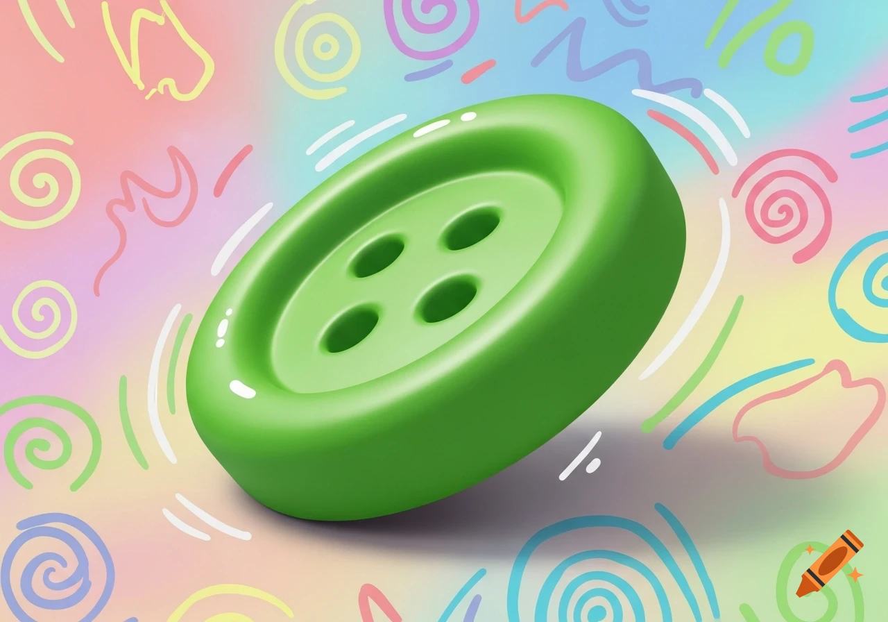 An off-angle, glossy green cartoon button with four holes, against a soft, colorful background of abstract swirls and lines.