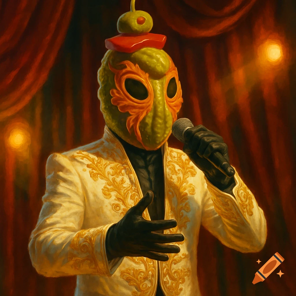 A person in an elaborate, textured green mask resembling a pickled olive with a red and green topping, wearing a white and gold embroidered jacket, holding a microphone on a dimly lit stage with red curtains.