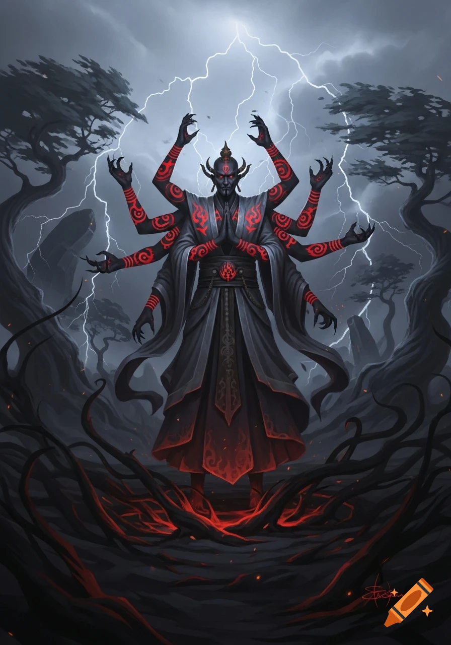 A dark fantasy illustration of a multi-armed, demonic figure with red markings, standing in a stormy forest with lightning and glowing red roots.