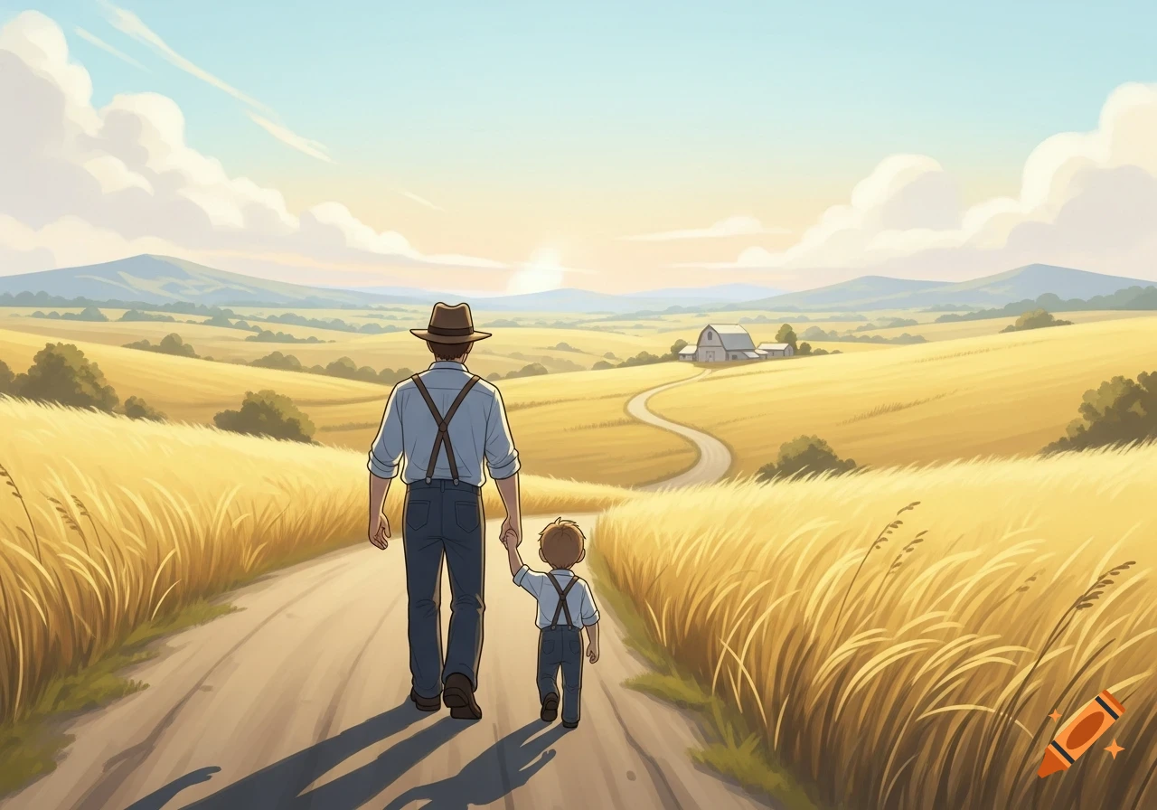 A storybook illustration of an adult and a child walking hand-in-hand down a dirt road through golden wheat fields towards a distant farm under a soft sky.