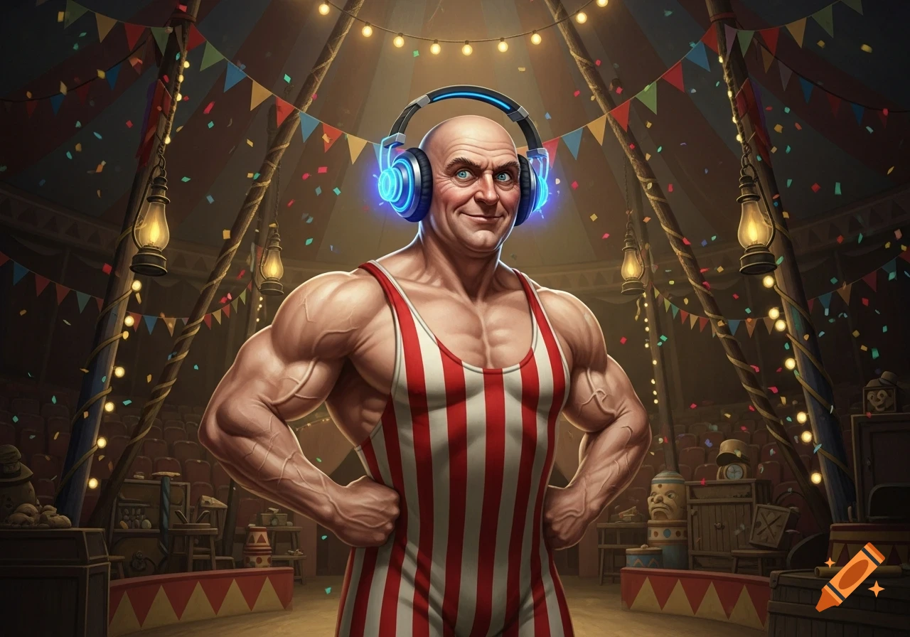 A bald, muscular strongman in a red and white striped singlet and glowing blue headphones stands smiling in a circus tent with festive lights and confetti.