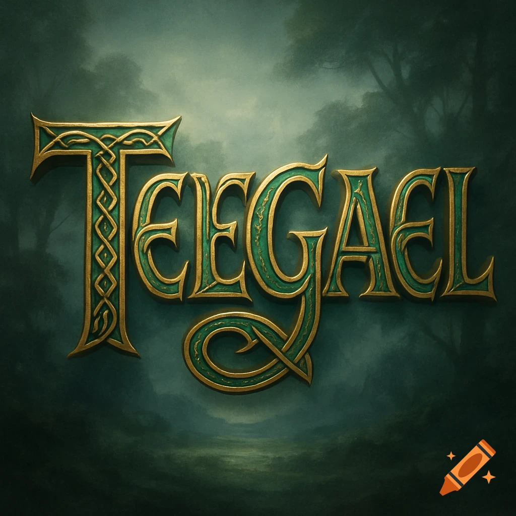 Ornate green and gold 'TELEGAEL' text with Celtic knotwork in a dark, stylized fantasy forest.