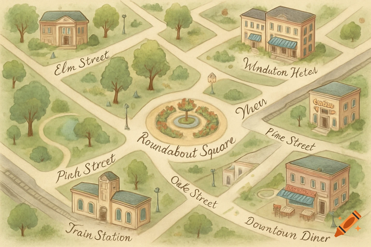 A whimsical watercolor-style map of a small town featuring streets, buildings like a hotel, diner, and train station, a roundabout, and trees.