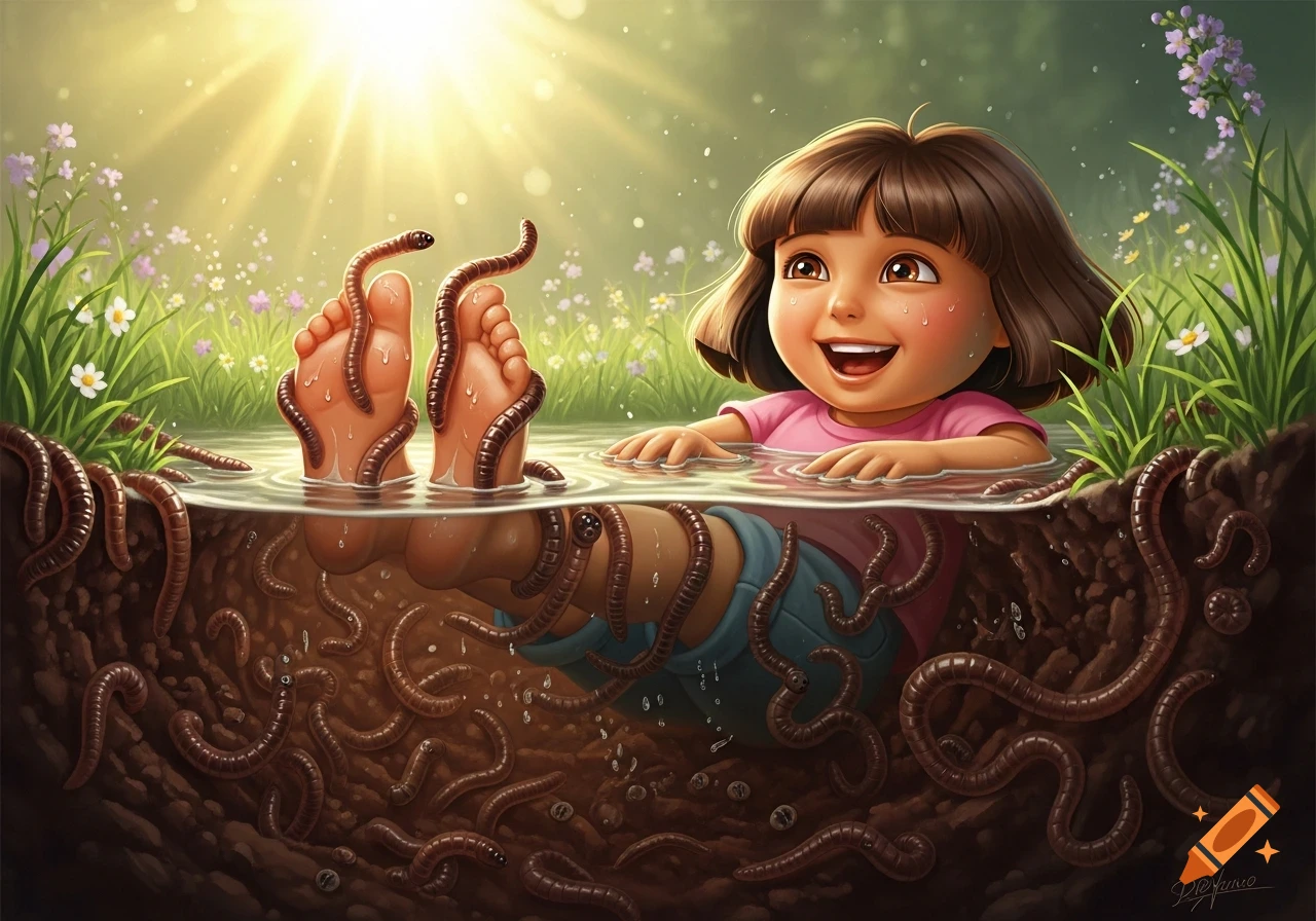 Cartoon Dora the Explorer laughing in a sunny, grassy pit, with earthworms tickling her feet submerged in water and dirt.