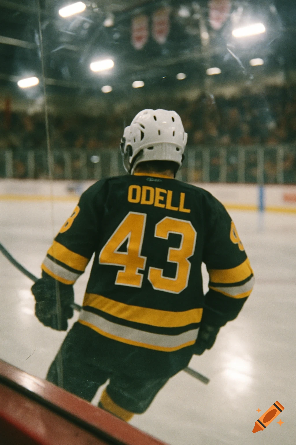 Photorealistic image of a hockey player, seen from behind, wearing a black and yellow jersey with 'ODELL 43' on the back at a rink.
