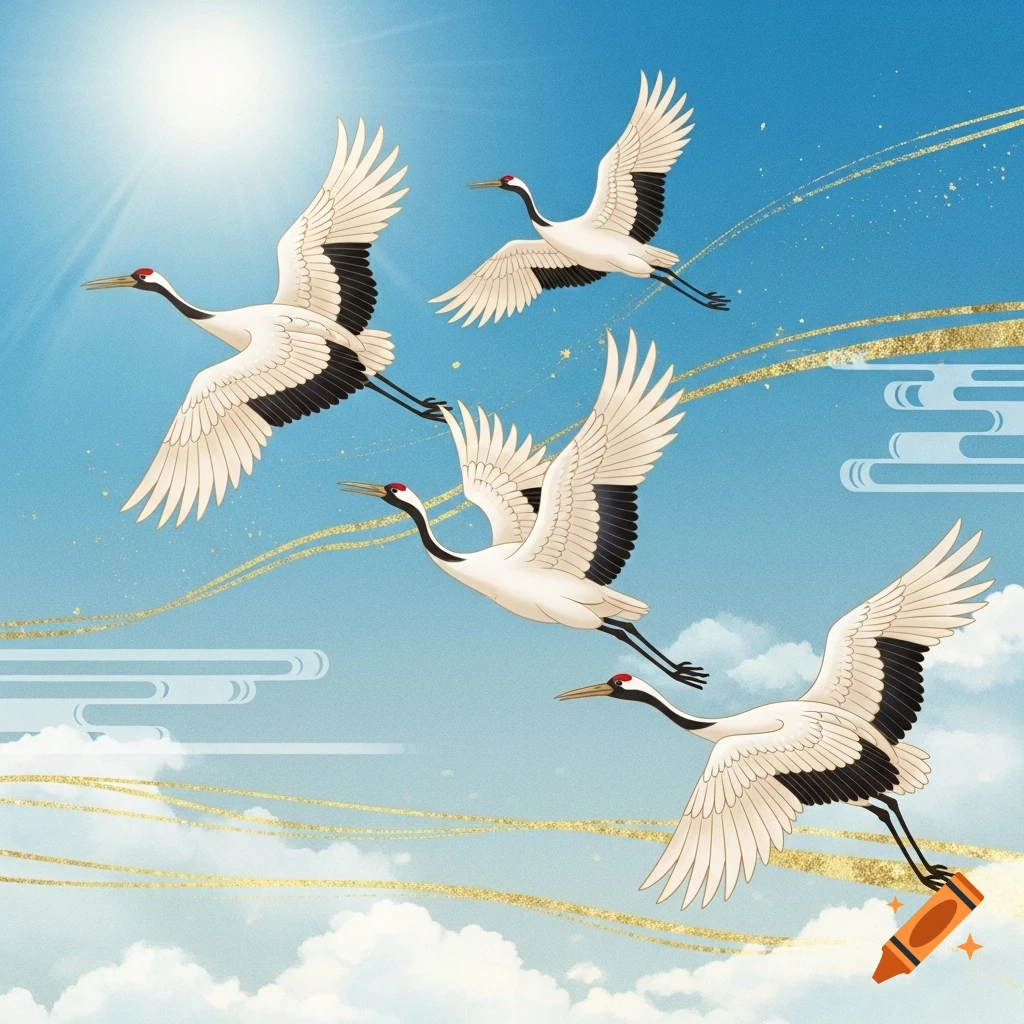 Four stylized Red-crowned Cranes fly across a vibrant blue sky with golden accents and white clouds in a Japanese art style.