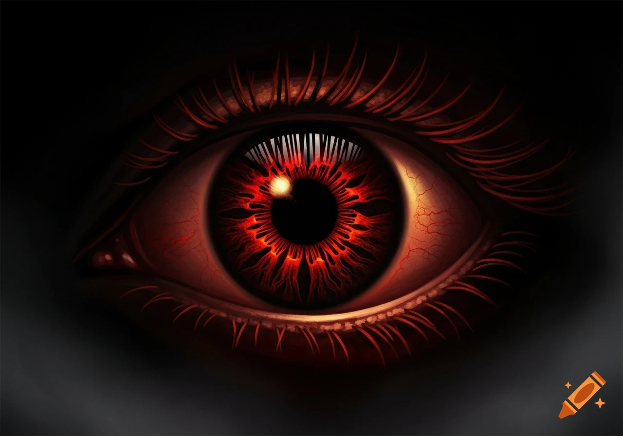 Close-up of a stylized, glowing red eye with a fiery iris and prominent blood vessels against a dark background.