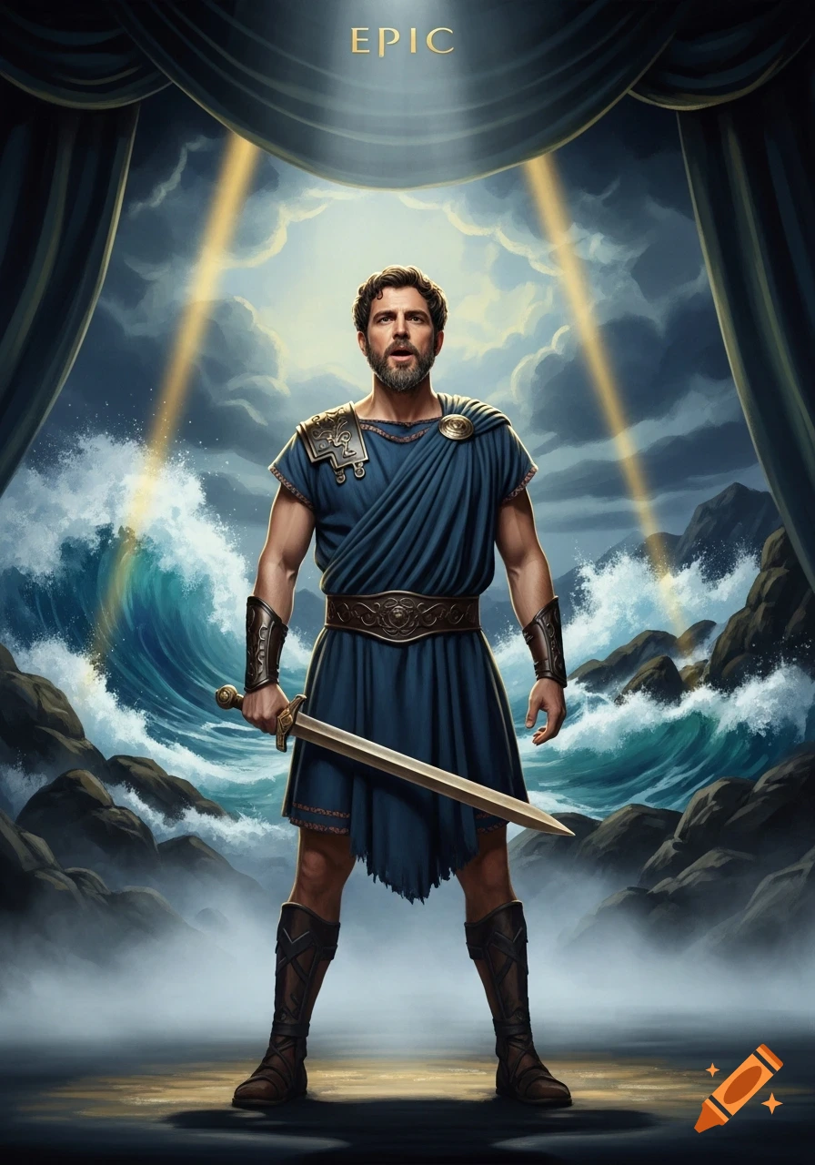 A man in ancient Greek attire stands on a dramatic stage, holding a sword with stormy waves and spotlights behind him. Text 'EPIC' is above.