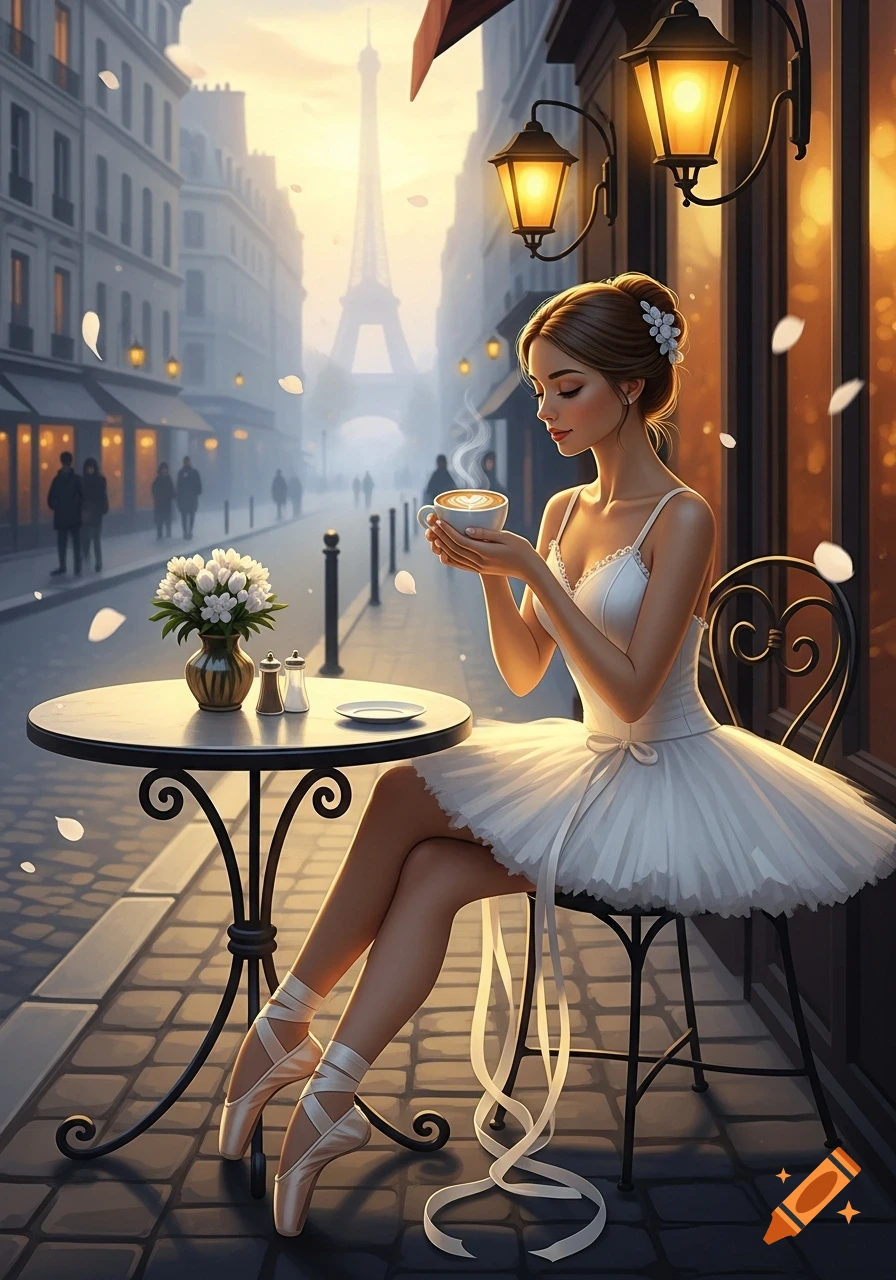 An illustrated ballerina sips coffee at an outdoor Parisian cafe at golden hour, with the Eiffel Tower in the misty background.