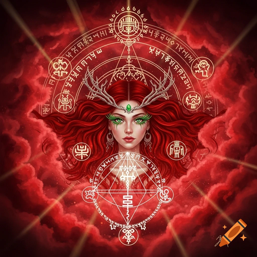 A red-haired woman with green eyes and antlers, surrounded by glowing red clouds and intricate ancient sigils.