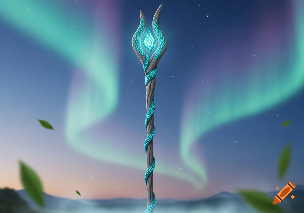 An illustrated fantasy magical staff with glowing teal Celtic knot designs on grey wood, set against an aurora borealis sky with floating green leaves.