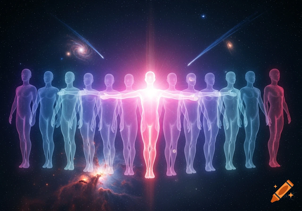 Line of translucent, glowing human figures in deep space, with a central figure emanating bright light.