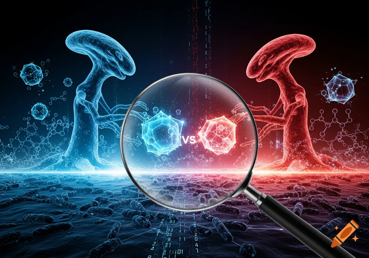 Two glowing blue and red microscopic organisms face off, seen through a magnifying glass with 'VS' text, amidst cellular structures.