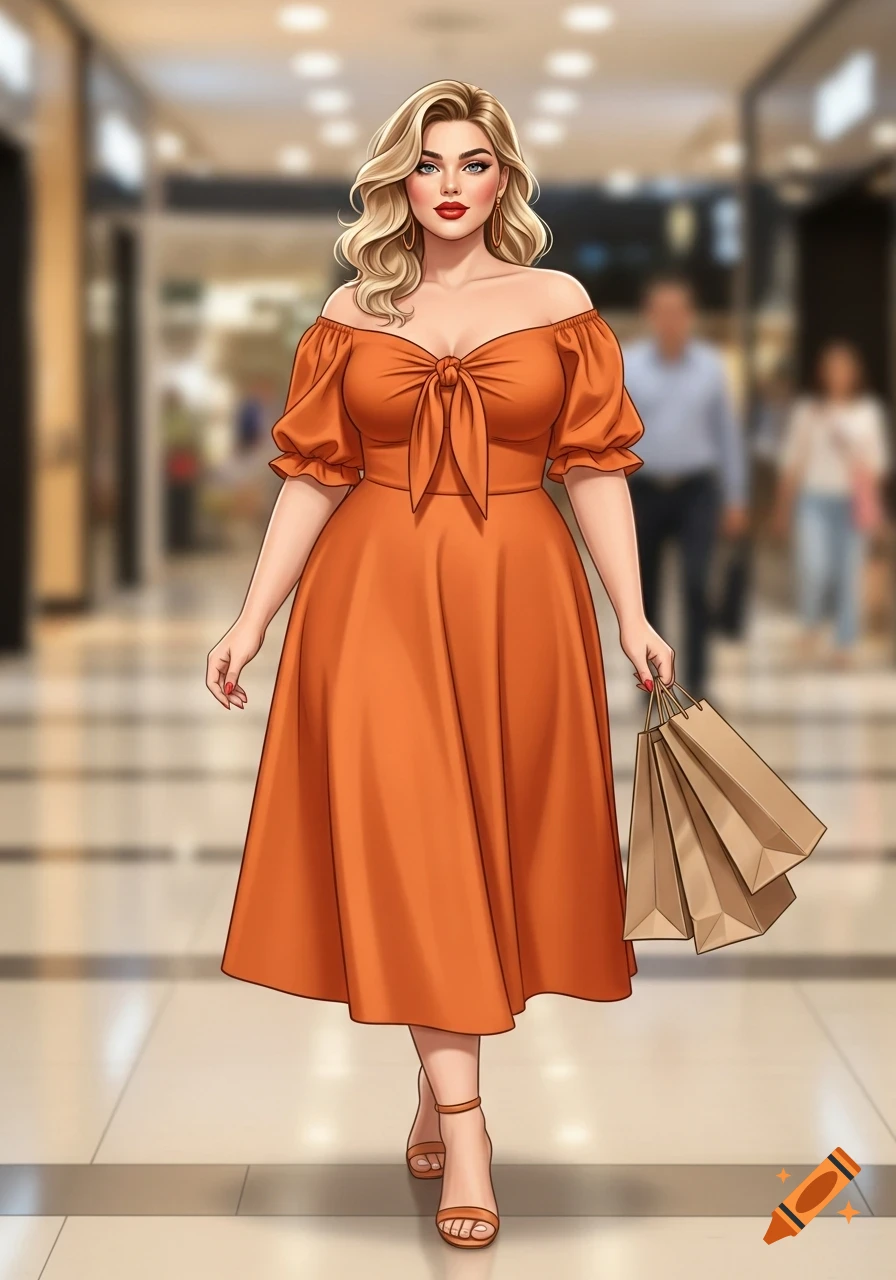 A stylish blonde woman in an orange off-the-shoulder dress walks in a mall with shopping bags, digital art.