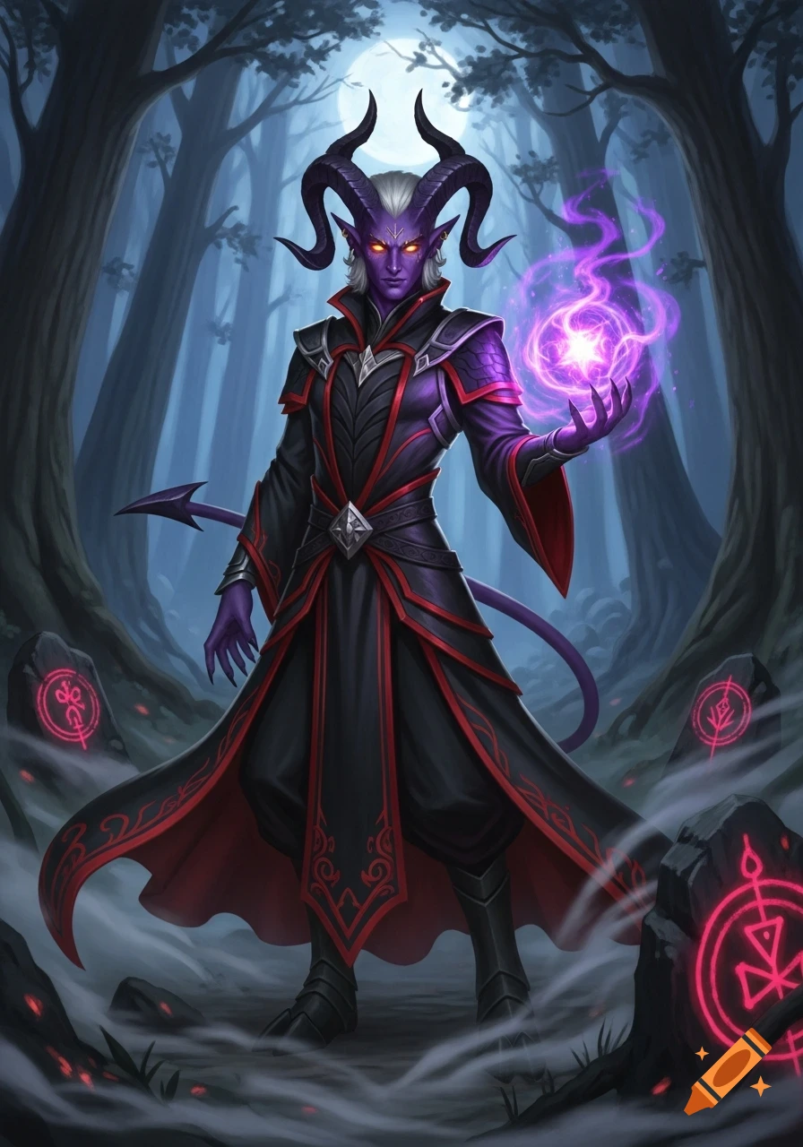 A male D&D Tiefling spellcaster with purple skin and horns, wearing black robes with red accents, casting purple magic in a dark forest.