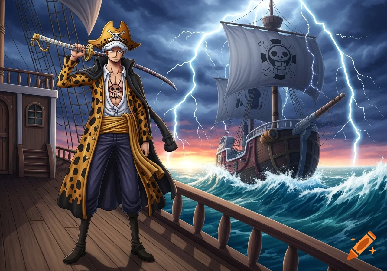 Anime pirate captain Trafalgar Law stands on a ship deck with a katana, a skull and crossbones on his hat and chest, as lightning strikes a stormy sea behind his ship.