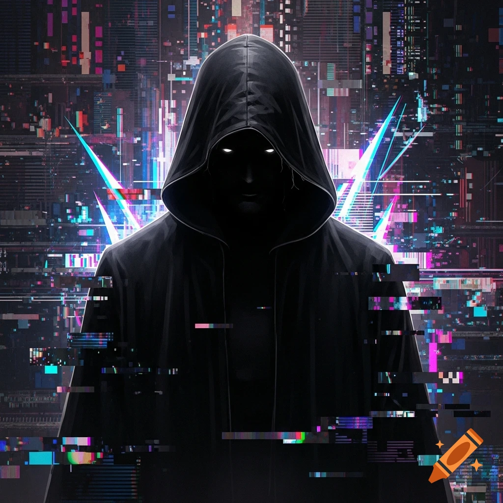 A dark hooded figure with glowing white eyes against a vibrant, glitching digital city background in a cyberpunk style.