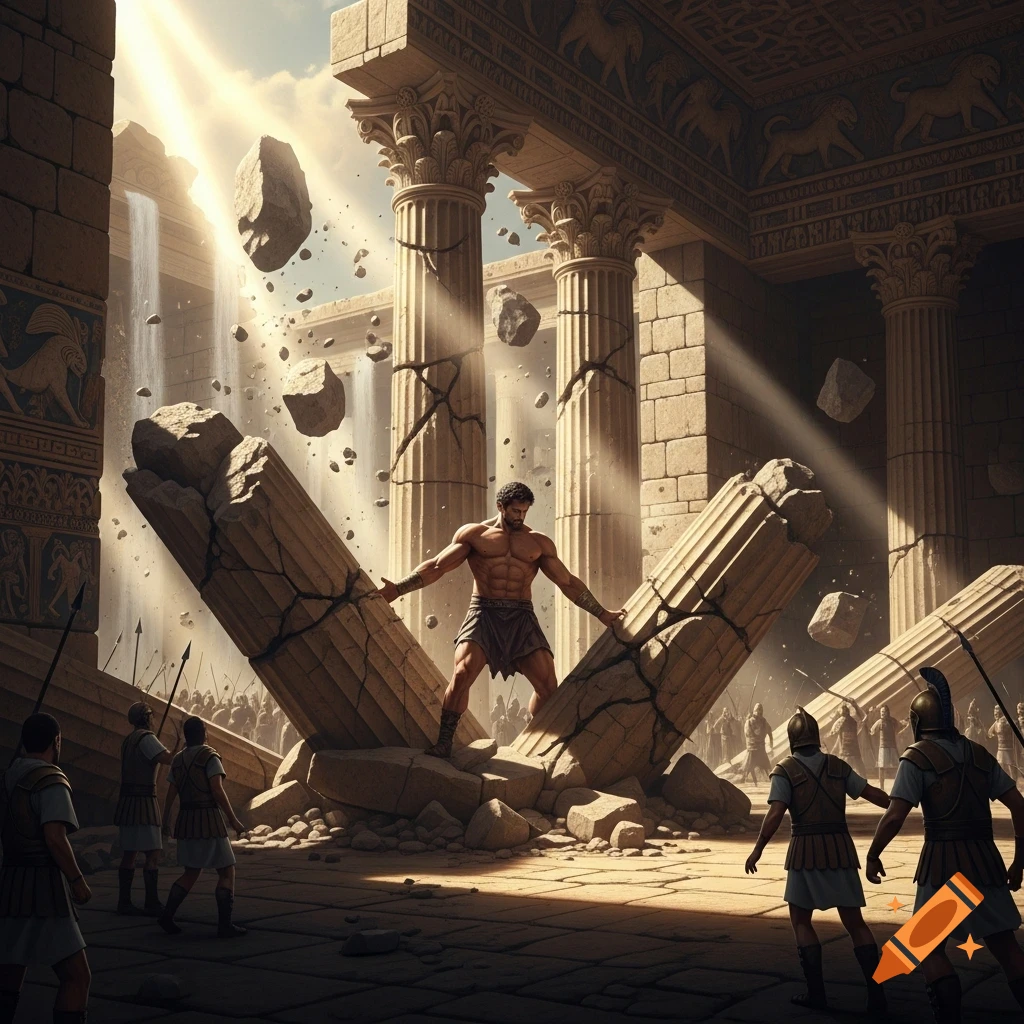 A muscular man in ancient attire breaks massive stone pillars in a collapsing temple, surrounded by soldiers and falling debris.