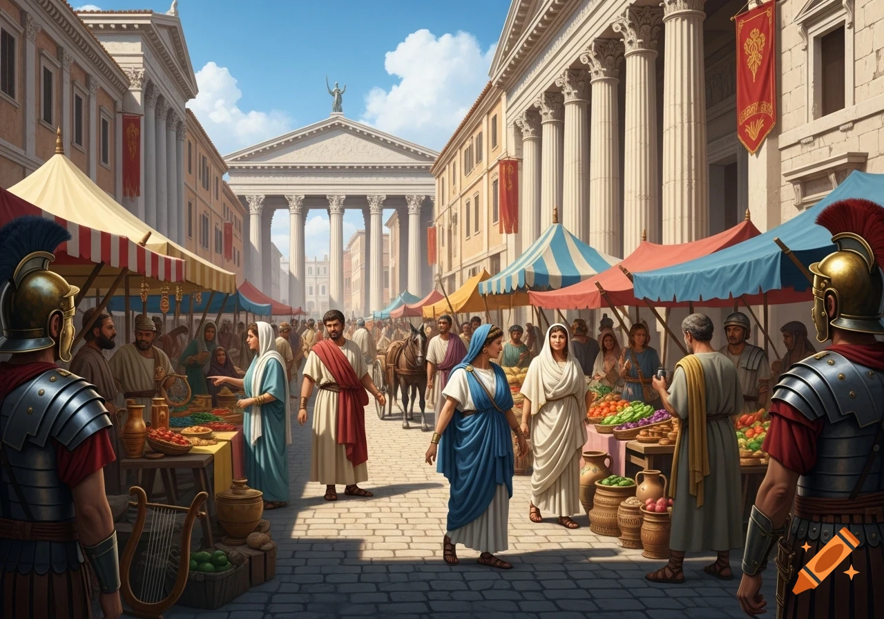 A bustling ancient Roman market scene with people in period attire, market stalls, and classical architecture under a blue sky.