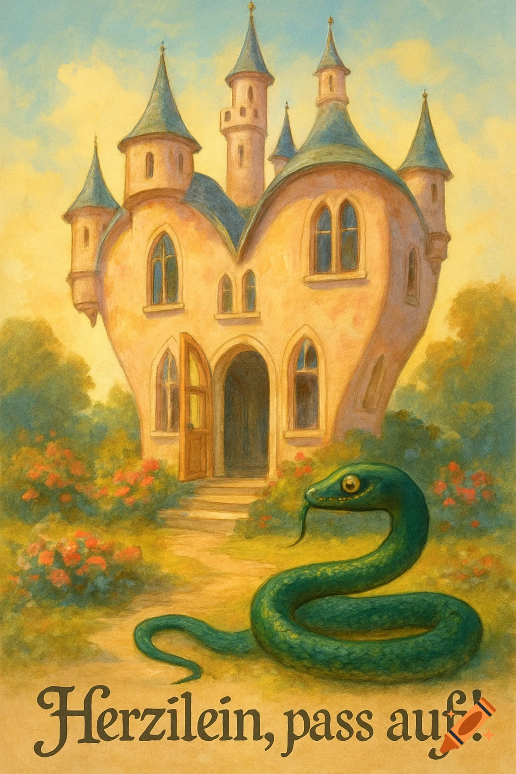 Painterly image of a heart-shaped castle and a green snake in a garden, with the German text 'Herzilein, pass auf!' below.