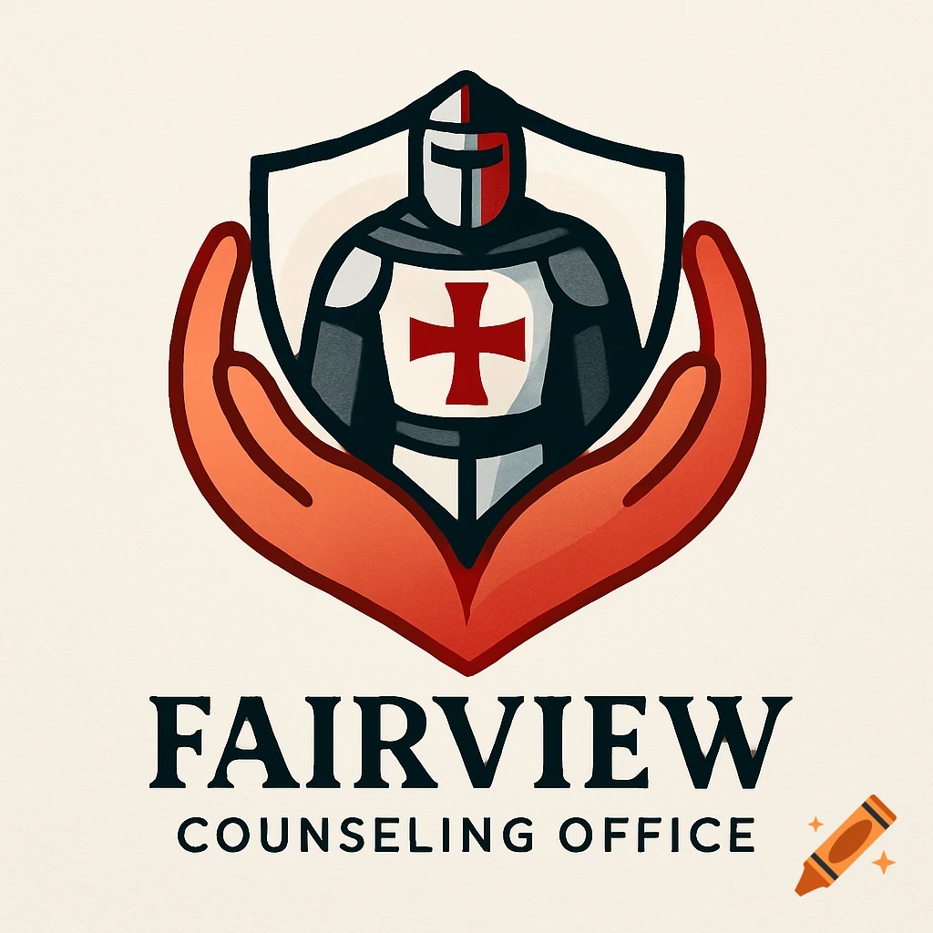 A logo with a templar knight in a shield embraced by two red hands, above "FAIRVIEW COUNSELING OFFICE" text.