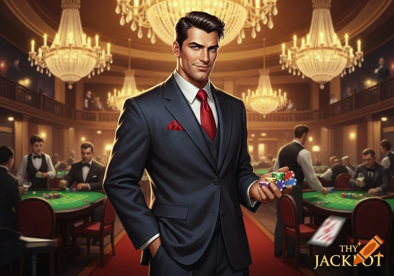 A sharply dressed man in a suit holds casino chips in a lavish, busy casino. Text reads "THY JACKPOT".